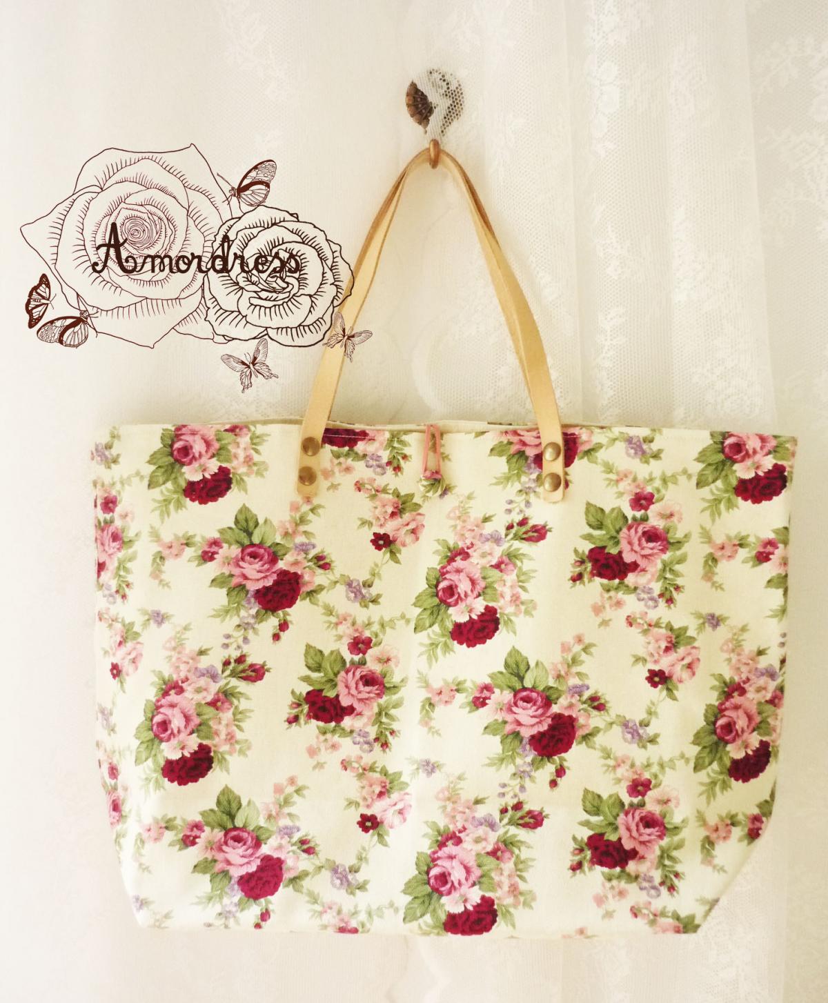 Floral Tote Bag Printed Canvas Bag Genuine Leather Strap Cream With Pink Rose Shabby Chic Bag ...amor The Inspired Collection...