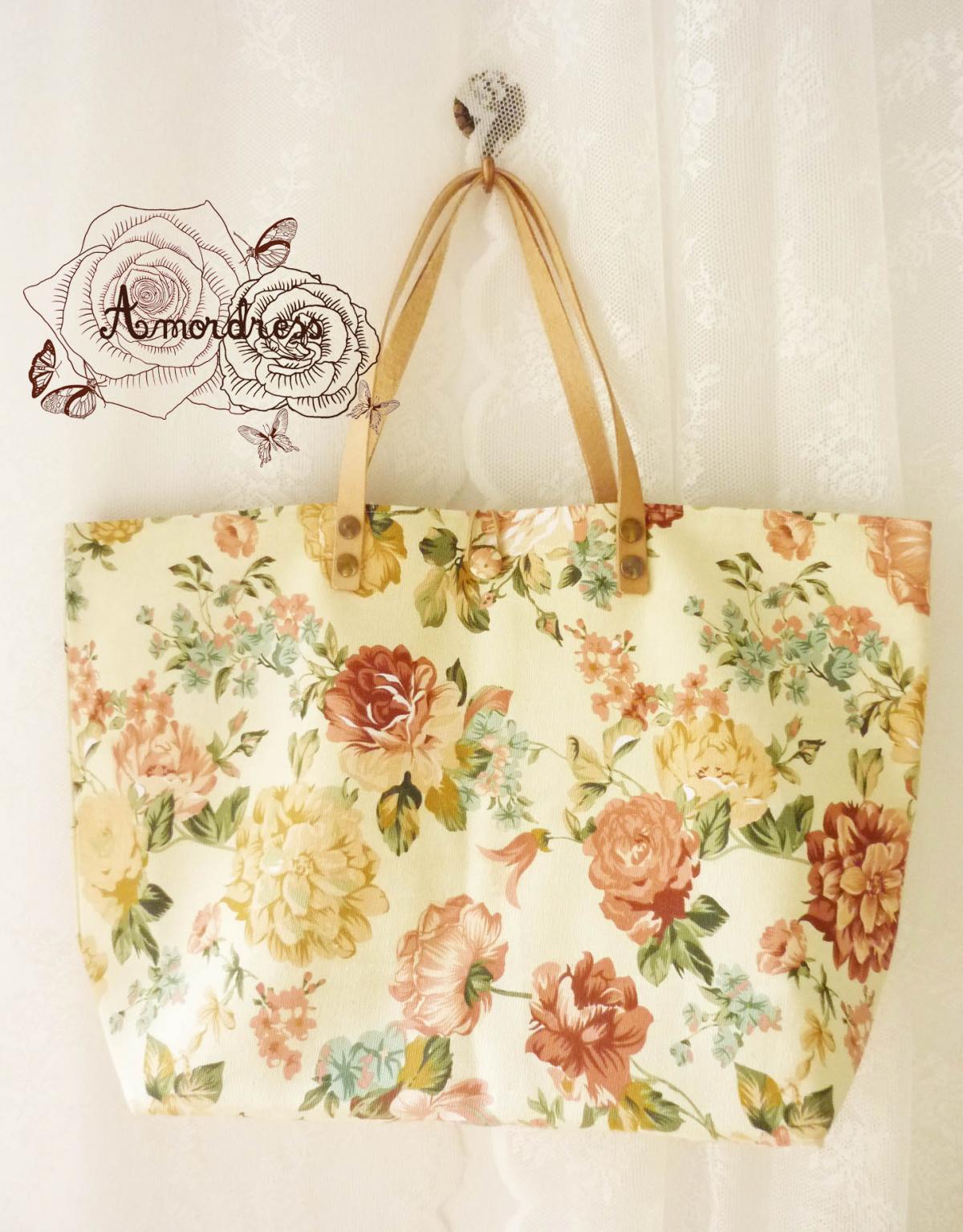Floral Tote Bag Printed Canvas Bag Genuine Leather Strap Cream With Autumn Rose Shabby Chic Bag ...amor The Inspired Collection...