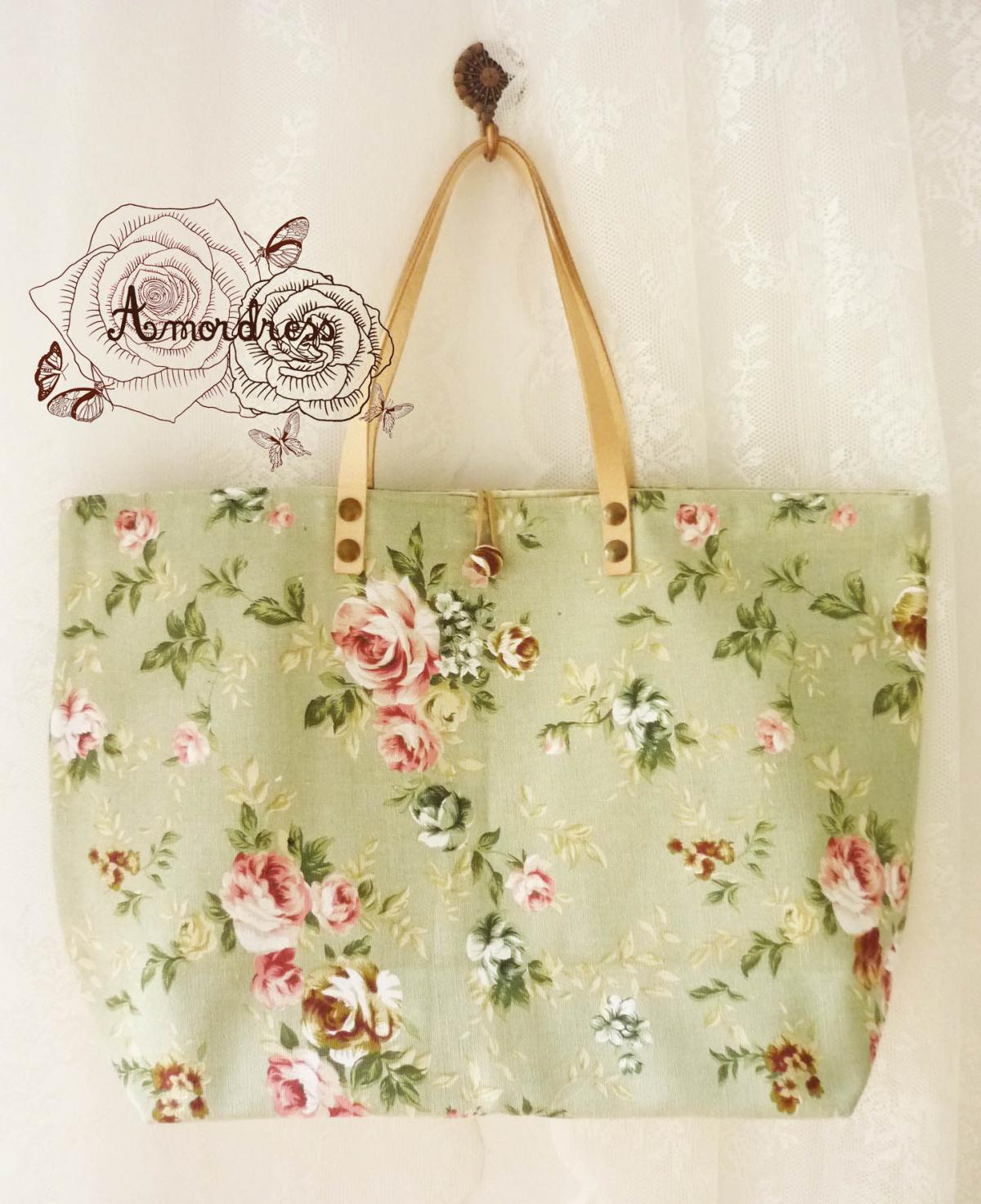 Floral Tote Bag Printed Canvas Bag Genuine Leather Strap Green With Pink Rose Shabby Chic Bag ...amor The Inspired Collection...