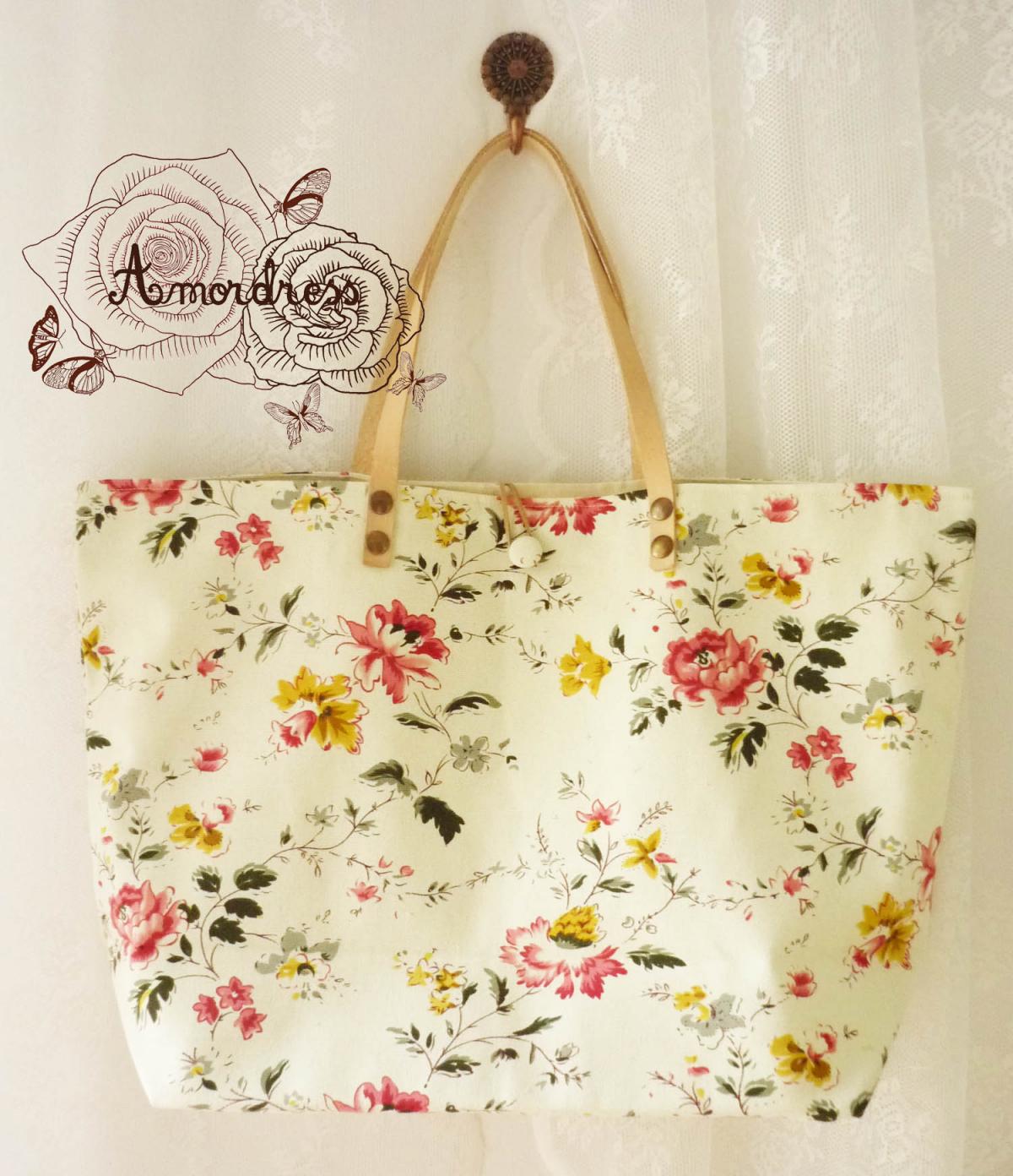 Floral Tote Bag Printed Canvas Bag Genuine Leather Strap Light Khaki With Spring Floral Shabby Chic Bag ...amor The Inspired Collection...