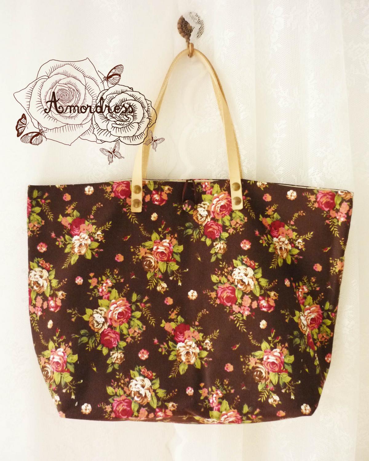 Floral Tote Bag Printed Canvas Bag Genuine Leather Strap Brown With Pink Rose Shabby Chic Bag ...amor The Inspired Collection...
