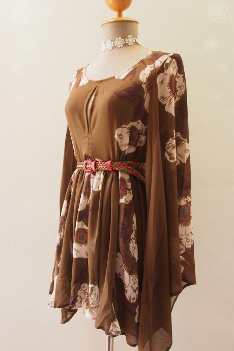 Hippie Dress,Boho Dress, Bohemian Dress, Floral Dress, Chiffon Boho Bell Sleeve Dress, Boho Party Dress- Size S/M