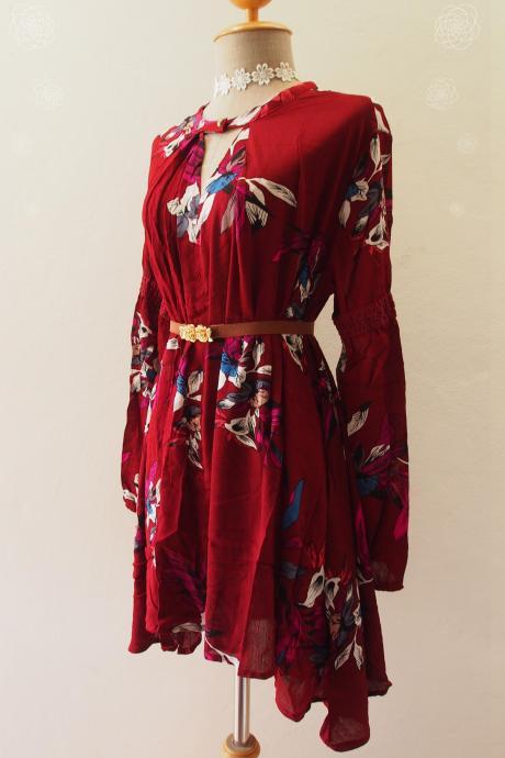 Red Bohemian Dress,Hippie Dress,Boho Dress, Bohemian Dress, Floral Dress, Chiffon Boho Bell Sleeve Dress, Boho Party Dress- Size S/M