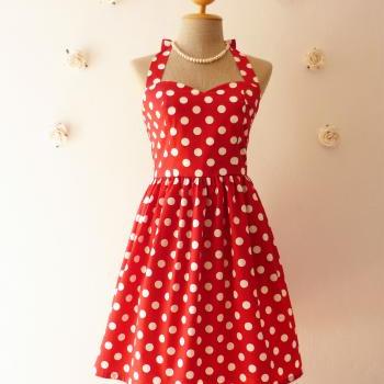 Red Summer Dress Red Party Dress Polka Dot Dress Vintage Inspired Dress ...