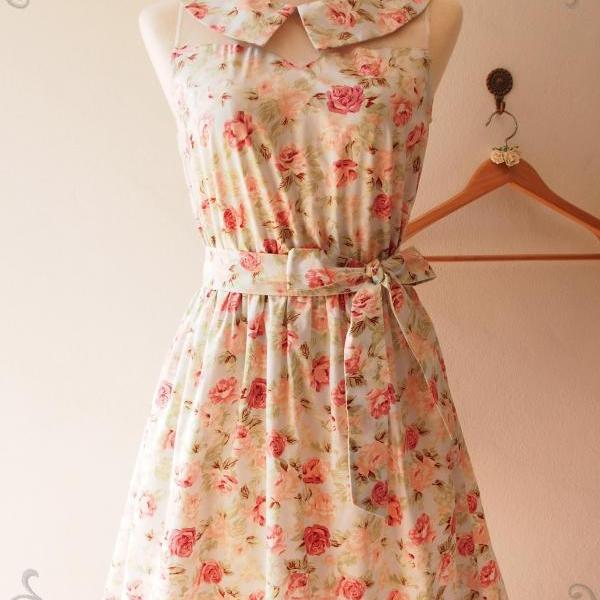 Collar Dress Blue with Coral Floral Vintage Inspired Rustic Wedding Bridesmaid Peter Pan Collar Tea Party Summer Midi Dress -XS-XL