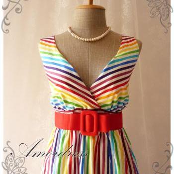 Rainbow Spectrum - Colorful Summer Dress Indigo Stripe Dress Party Popping Tea Dress Party Event Everyday Dress White Shade -S-M-
