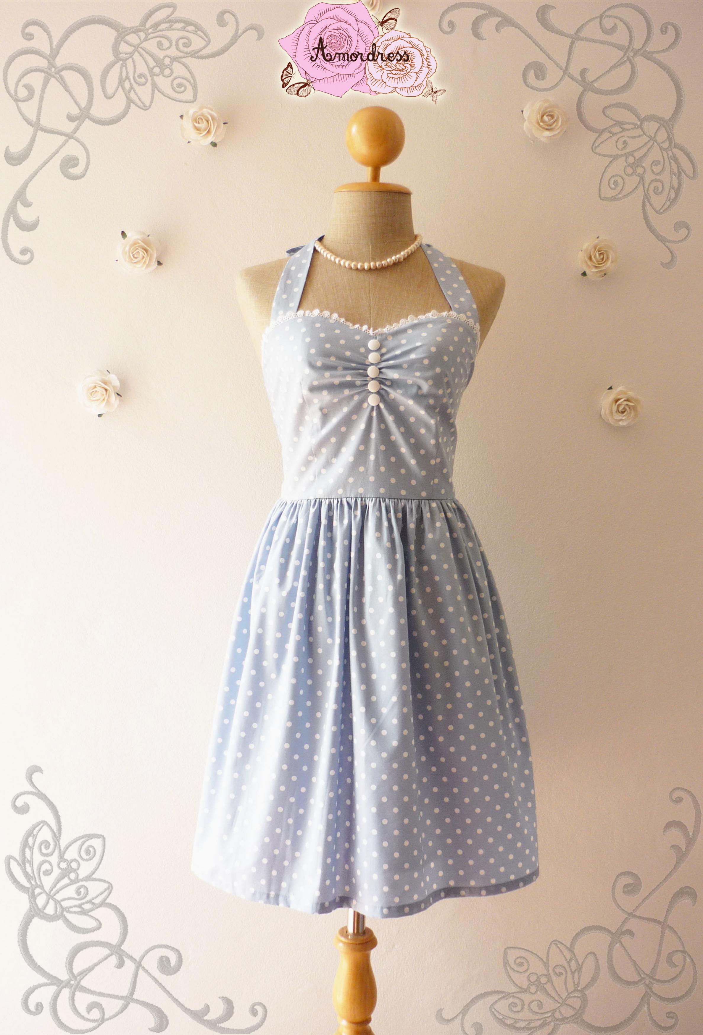 Pale Blue Dress Tea Length Dress Classic Polka Dot Dress Bridesmaid ...