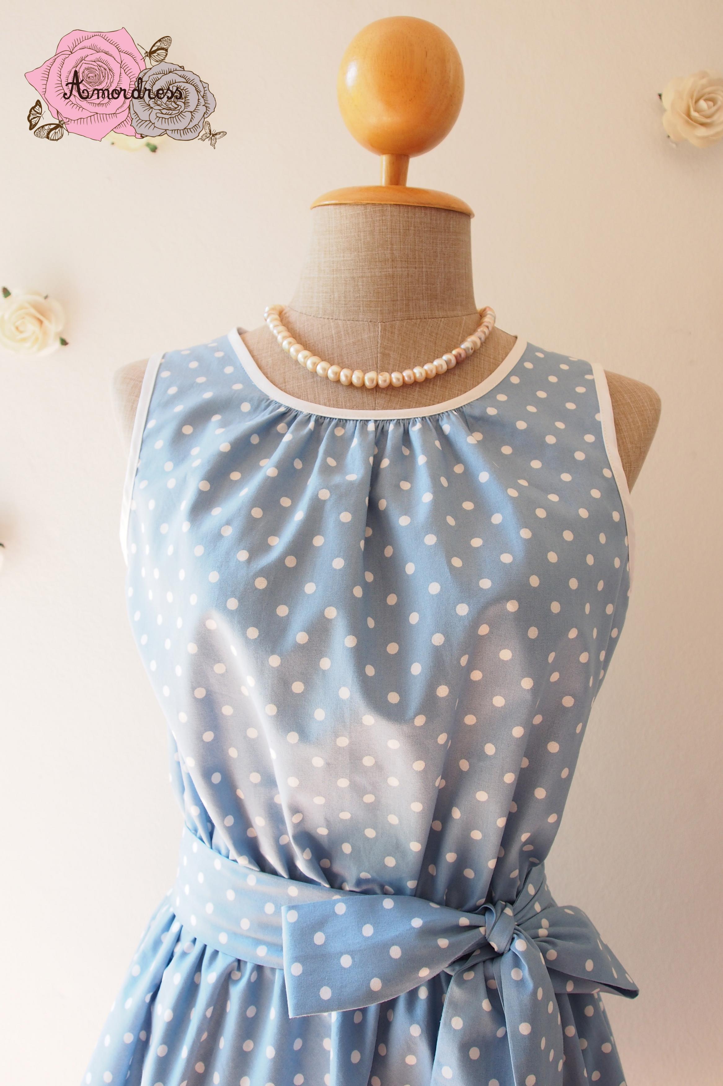Baby Blue Dress Polka Dot Swing Dress Vintage Retro 50's Inspired Tea ...