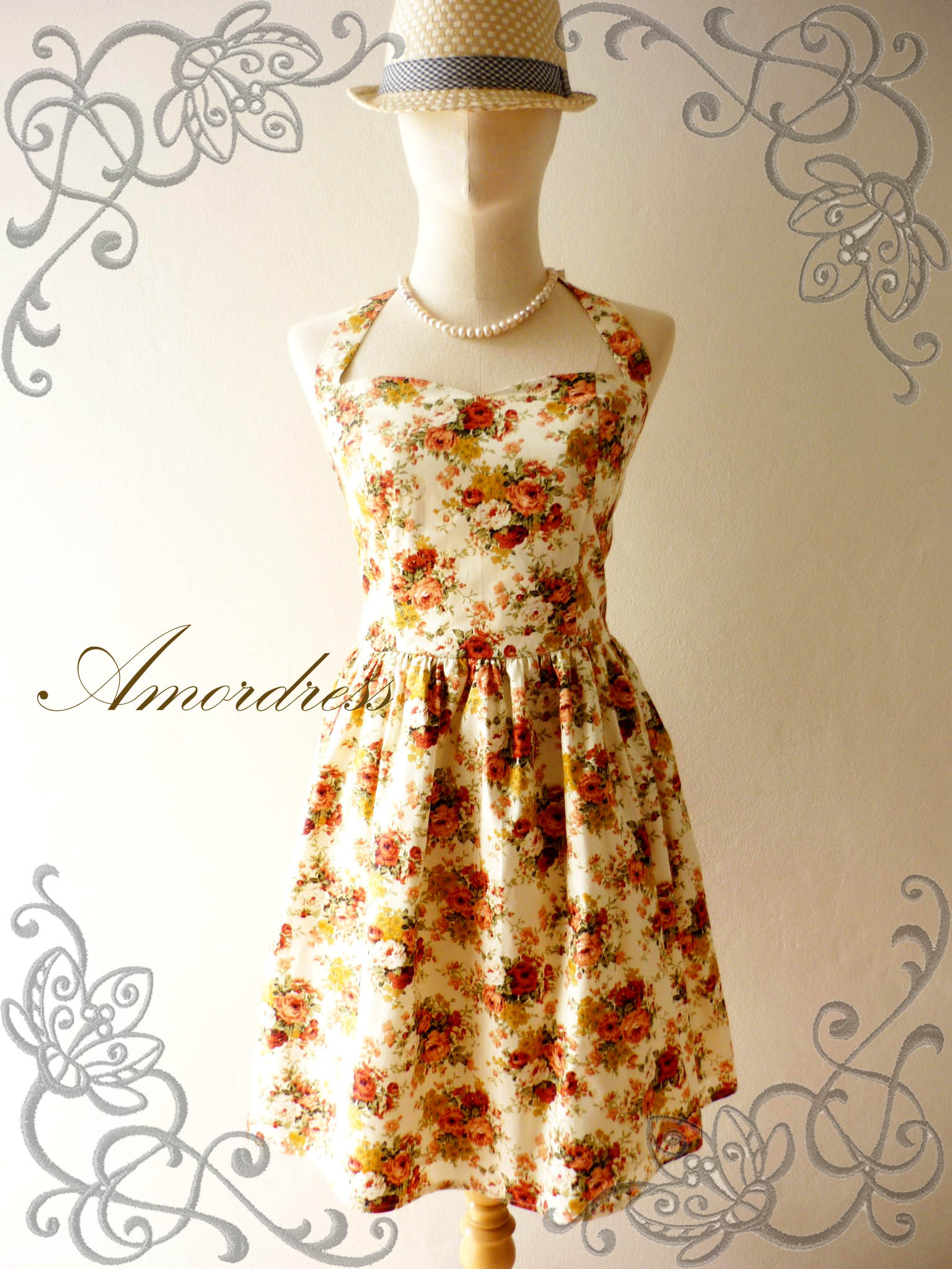 Flower Dress Amor Vintage Inspired Romantic Autumn Tangerine Rose ...