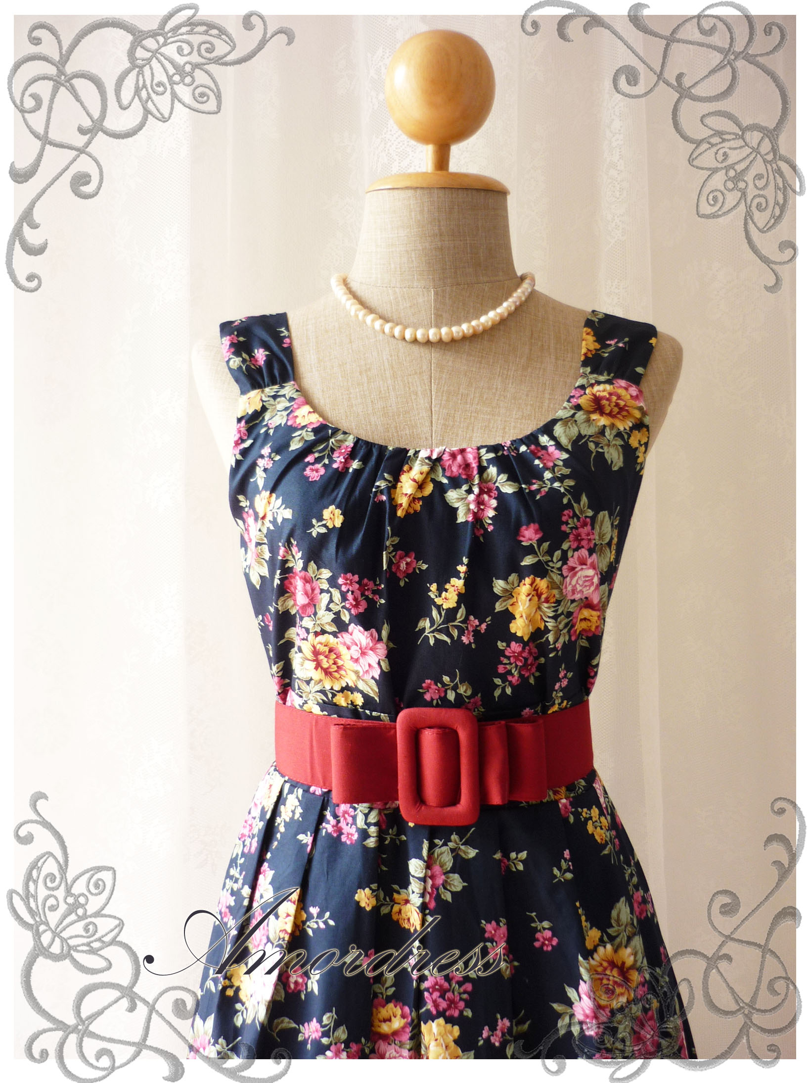 Blooming - Exotic Floral Dress Navy Dress With Yellow Pink Floral ...