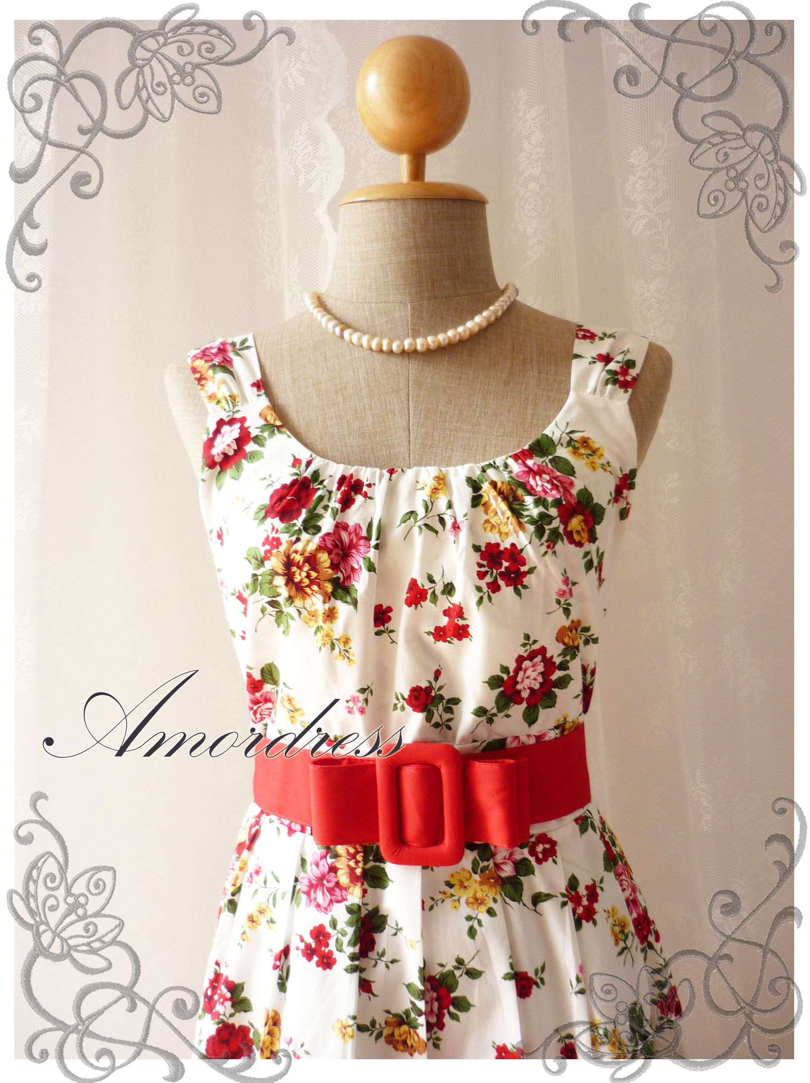 red and white flower dress
