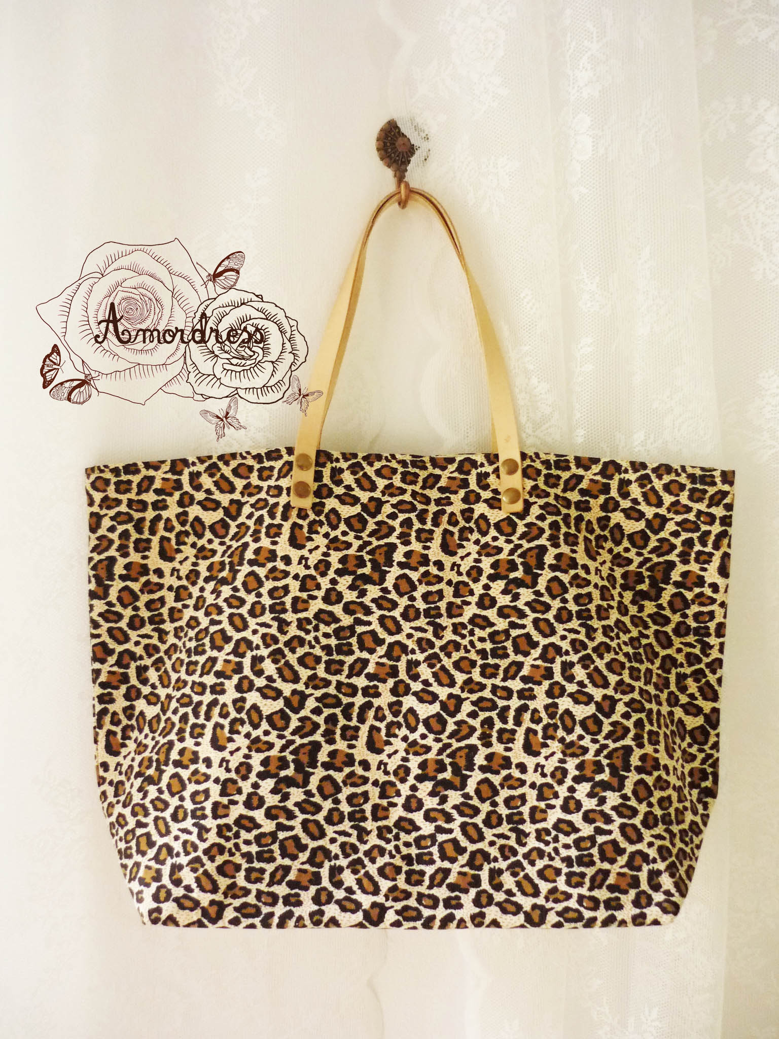 Leopard Tote Bag Printed Canvas Bag Genuine Leather Strap Retro Bag