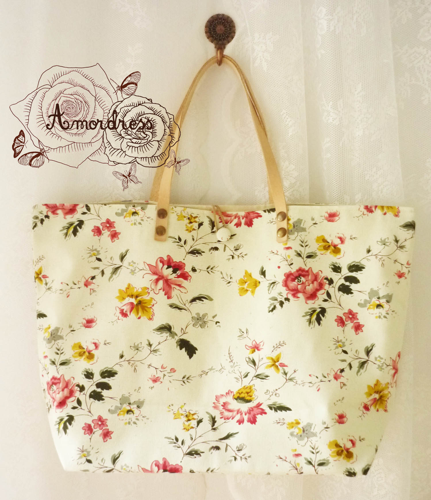 Floral Tote Bag Printed Canvas Bag Genuine Leather Strap Light Khaki ...